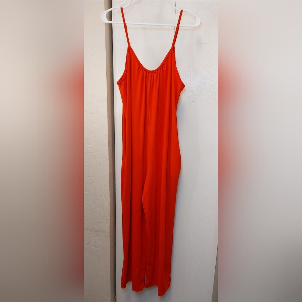 Red Wide Leg Cami Jumpsuit Size XL Ankle Length Adjustable Straps Pockets Comfy